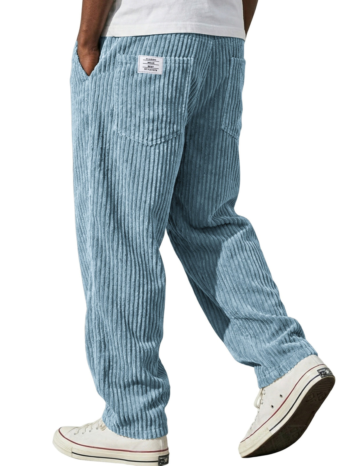 Elastic drawstring waistband detail of the wide wale corduroy trousers
