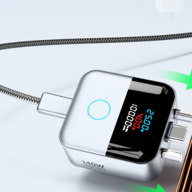USB C 140W charge adapter front button with light ring and metal body detail