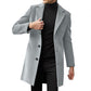 Man in a light grey single-breasted mid-length coat with notch lapel over a black turtleneck, size XS option