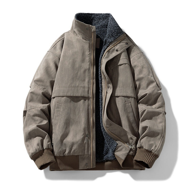 Dark khaki padded bomber jacket with fleece lined stand collar, snap placket and ribbed cuffs, front view, size XL