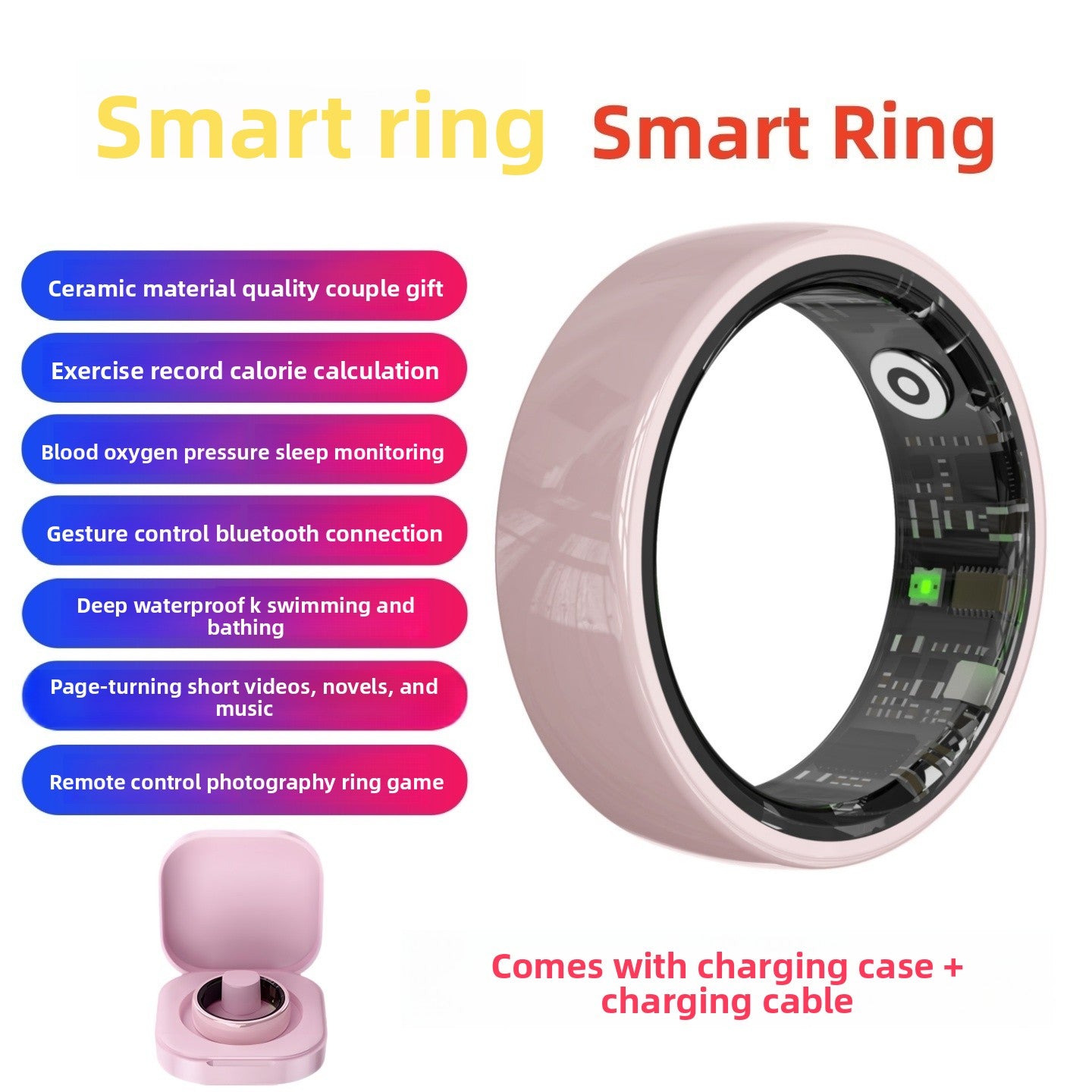 Smart ring shown with a phone app displaying heart rate and sleep data