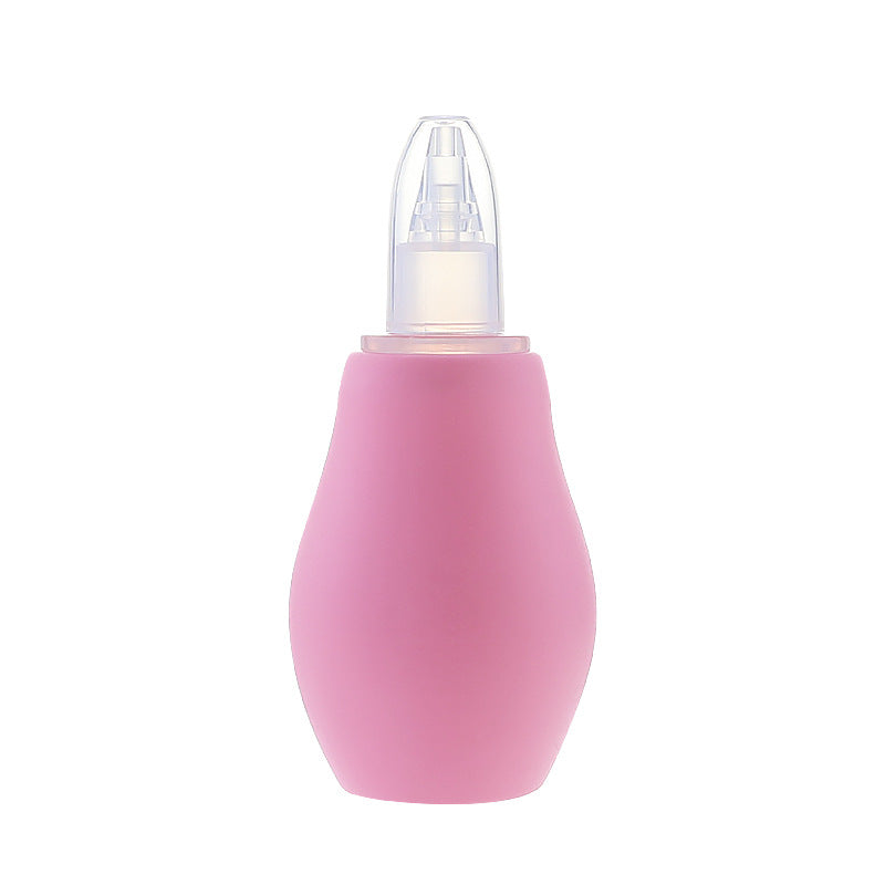 Manual baby nasal aspirator taken apart to show the bulb, nozzle and clear cap for cleaning