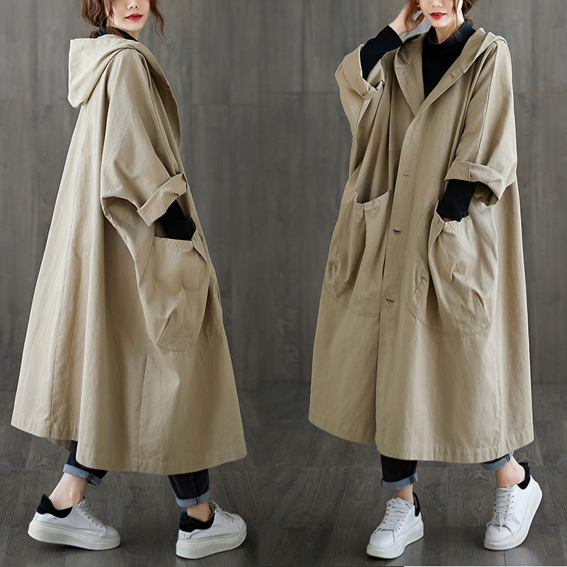 Loose fit hooded trench style coat with two large front patch pockets