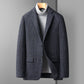 Navy plaid wool blend blazer showing the patterned interior lining