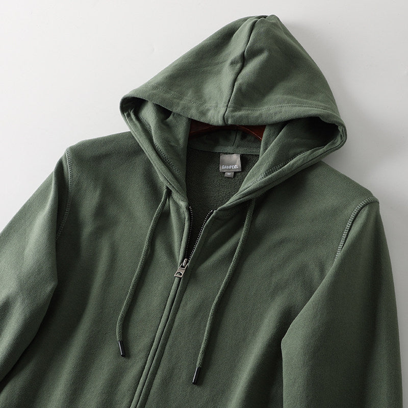 Side angle of the zip-up sherpa hoodie showing the side pocket and ribbed hem