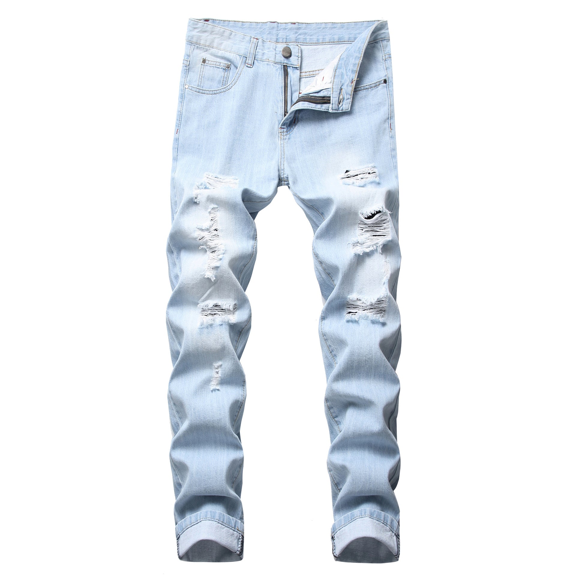Men's straight fit denim jeans photographed under soft even studio lighting