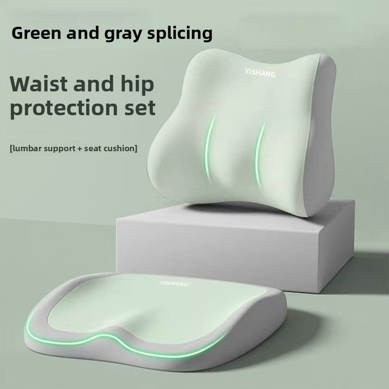Ergonomic seat cushion shown in use on a chair through a long sitting day