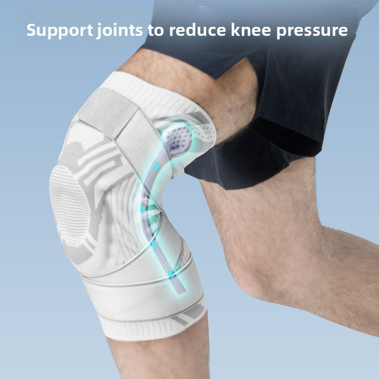 Person wearing the white knee brace with the padded panel over the kneecap