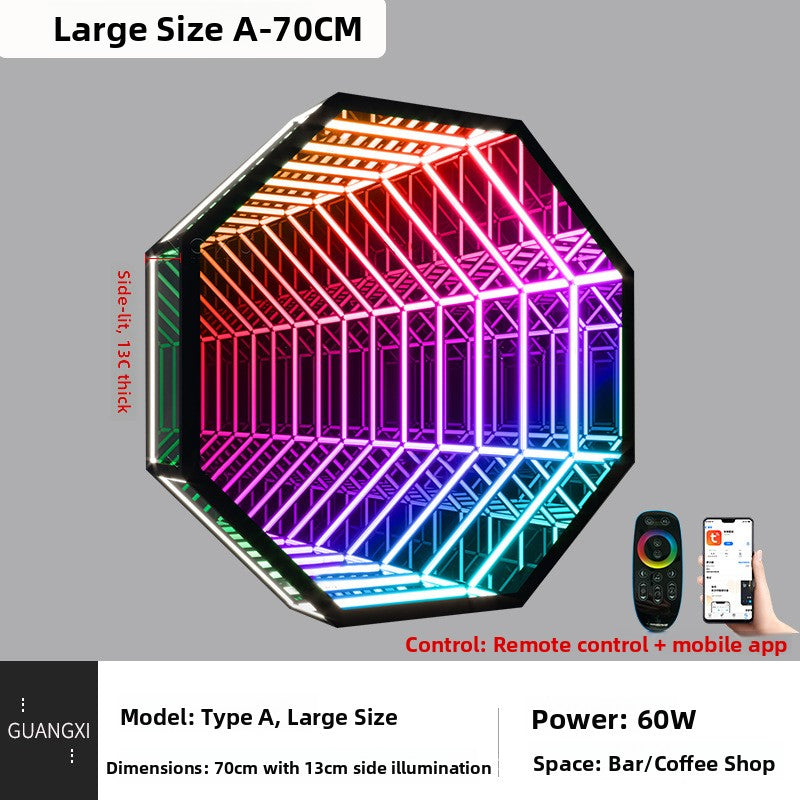 Infinity mirror wall lamp lit in cyan and violet above a styled desk setup