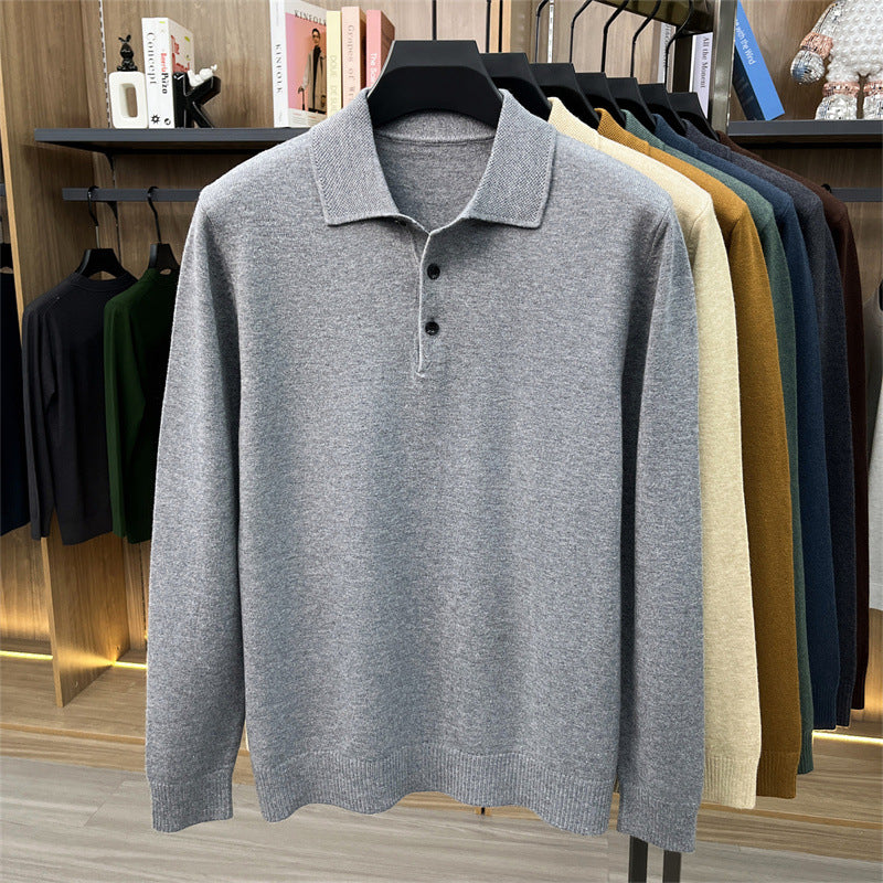Light Gray long sleeve knit polo shirt with three button placket and ribbed hem, size M