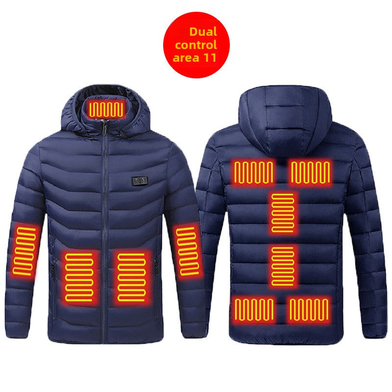 Blue USB heated hooded zip jacket shown from the front with the collar closed