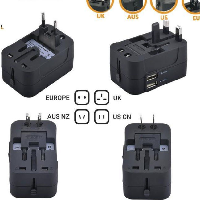 Two-tone dual USB socket adapter with a white face beside a charging cable
