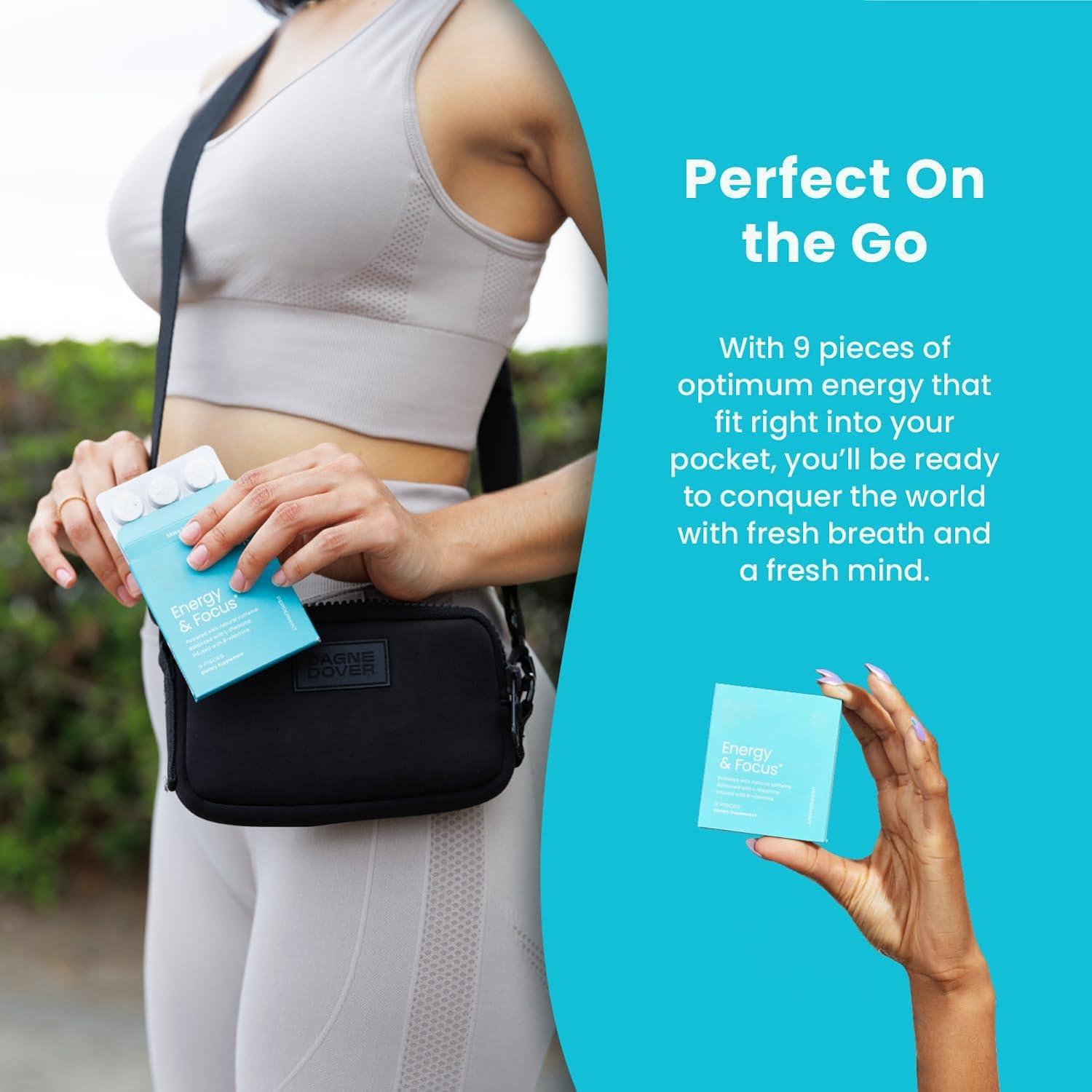 Woman slipping a slim teal box of peppermint gum into a crossbody bag while out walking, pocket sized pack