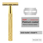 Gold double edge safety razor with knurled handle and five spare platinum coated blades