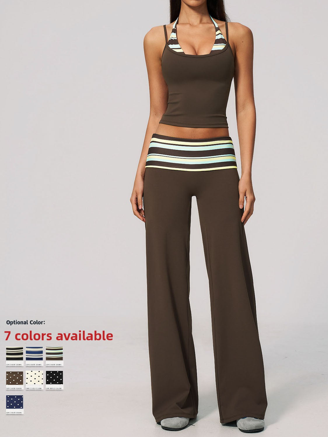 Model in a brown cropped camisole and wide leg pants with a striped fold over waistband, with a seven color swatch