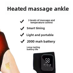 Black ankle heating wrap with LED control pod beside the maker specification bullets