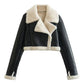 Khaki cropped vegan leather aviator jacket with cream sherpa collar shown on the body