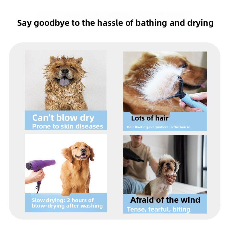 Panel contrasting slow towel drying and loose flying fur with a contained pet drying bag for cats and dogs