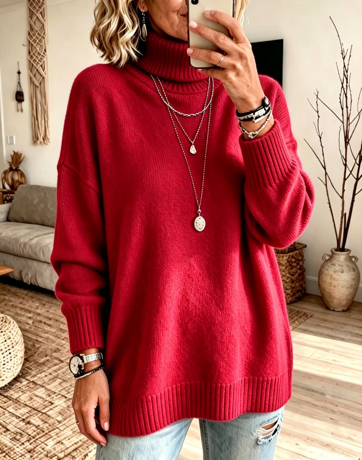 Women's red turtleneck knit sweater, loose fit with ribbed cuffs and hem, size XL