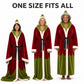 Three women wearing long red hooded Christmas robes with green trim and black belts, one size fits all