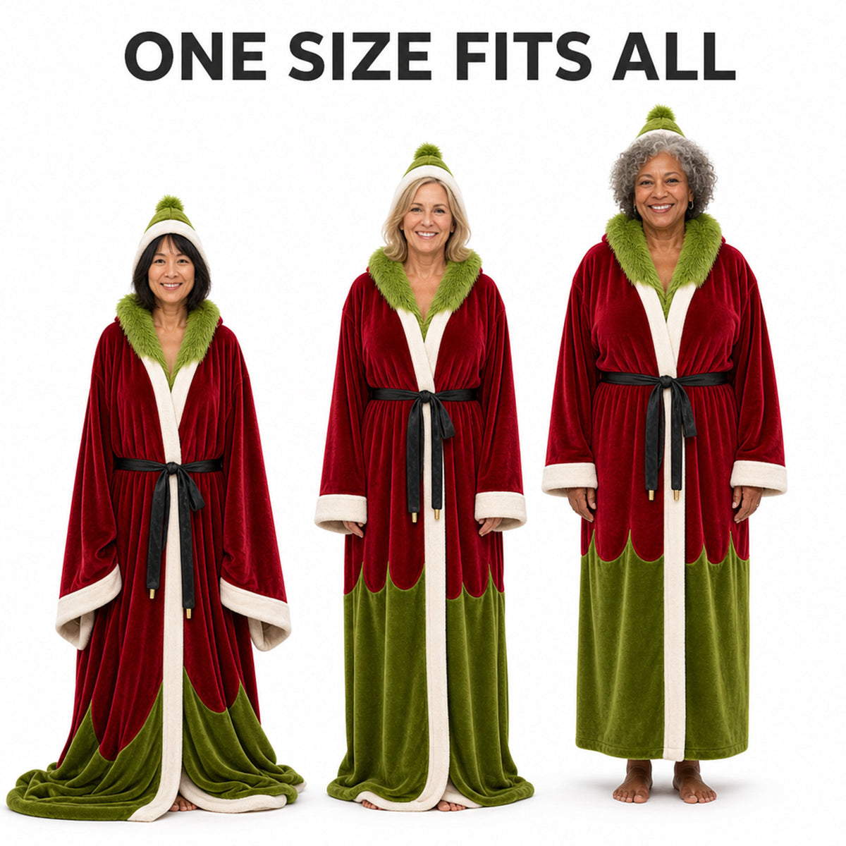 Three women wearing long red hooded Christmas robes with green trim and black belts, one size fits all