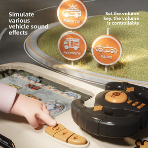 Kids racing game console with a steering wheel gear shift lever and moving car track