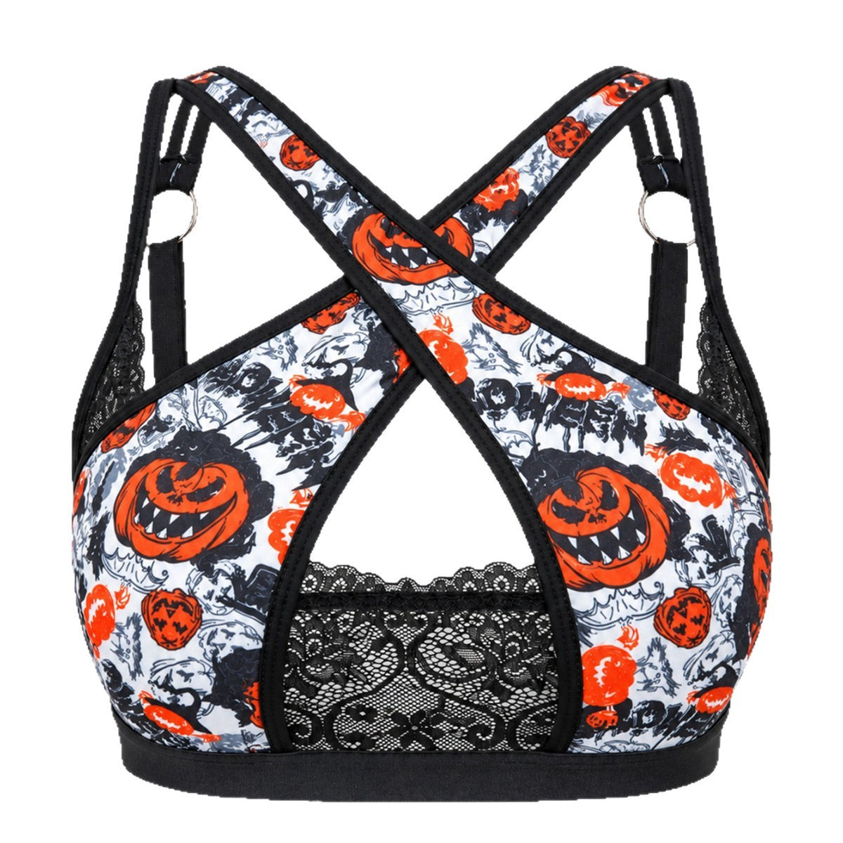 Flat front view of the white pumpkin print bra with crossed bands, a keyhole opening and a black lace panel