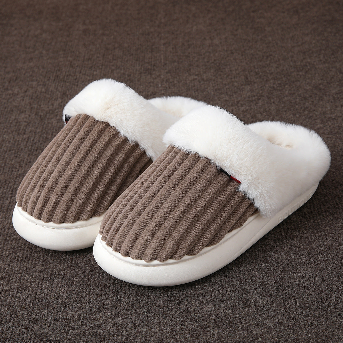 Plush lined slip on mule slippers with a ribbed velvet upper and a soft plush cuff view