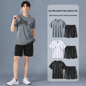 Quick-dry sports shorts set front view, knit top and matching shorts