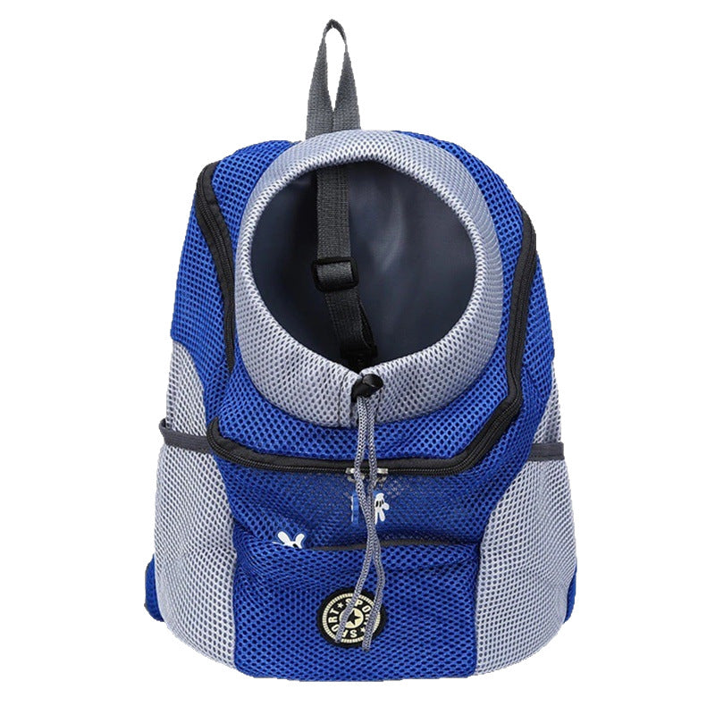 Blue and grey mesh pet carrier backpack with a round drawstring head opening and zipped front pocket