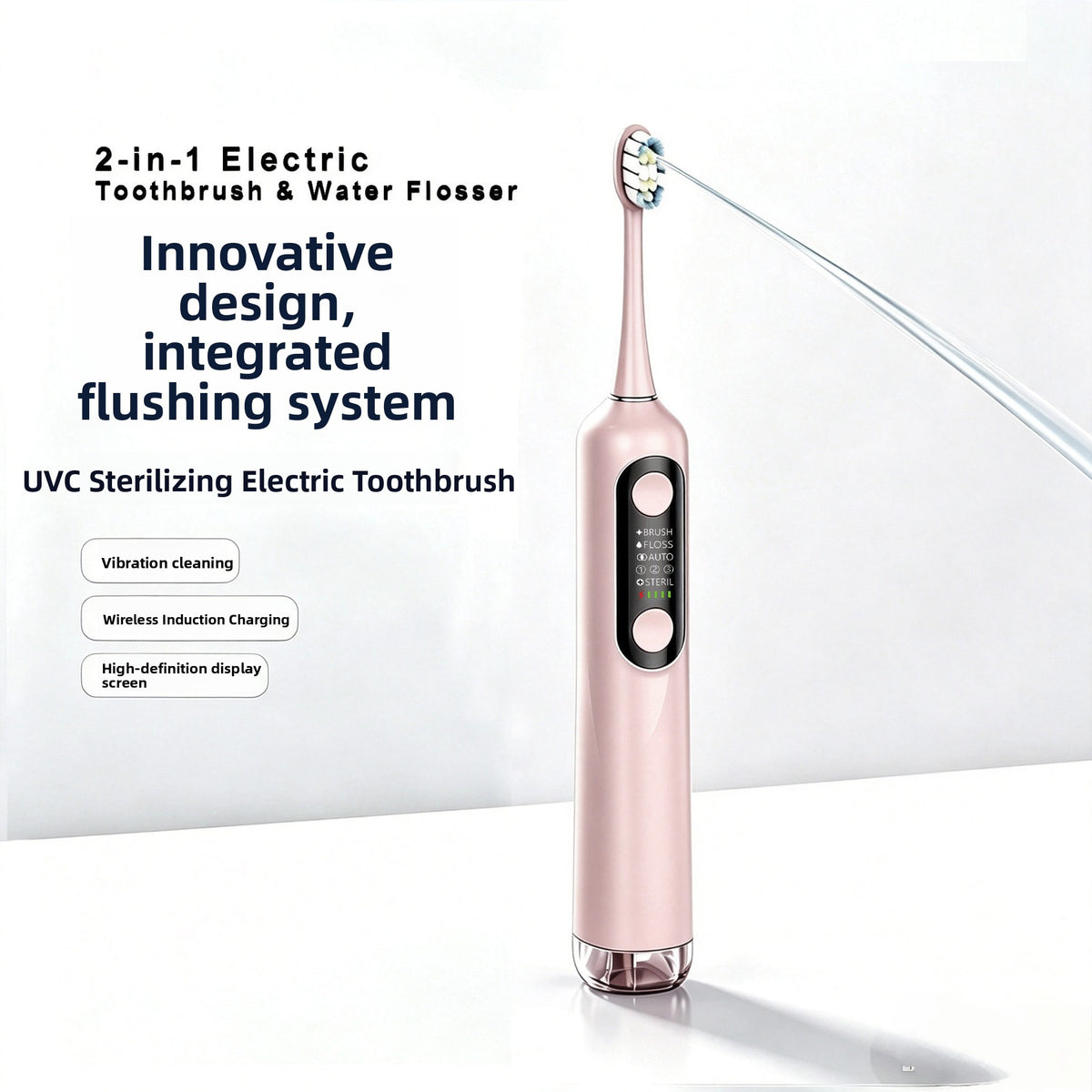 Pink 2 in 1 electric sonic toothbrush and water flosser handle with an OLED mode display