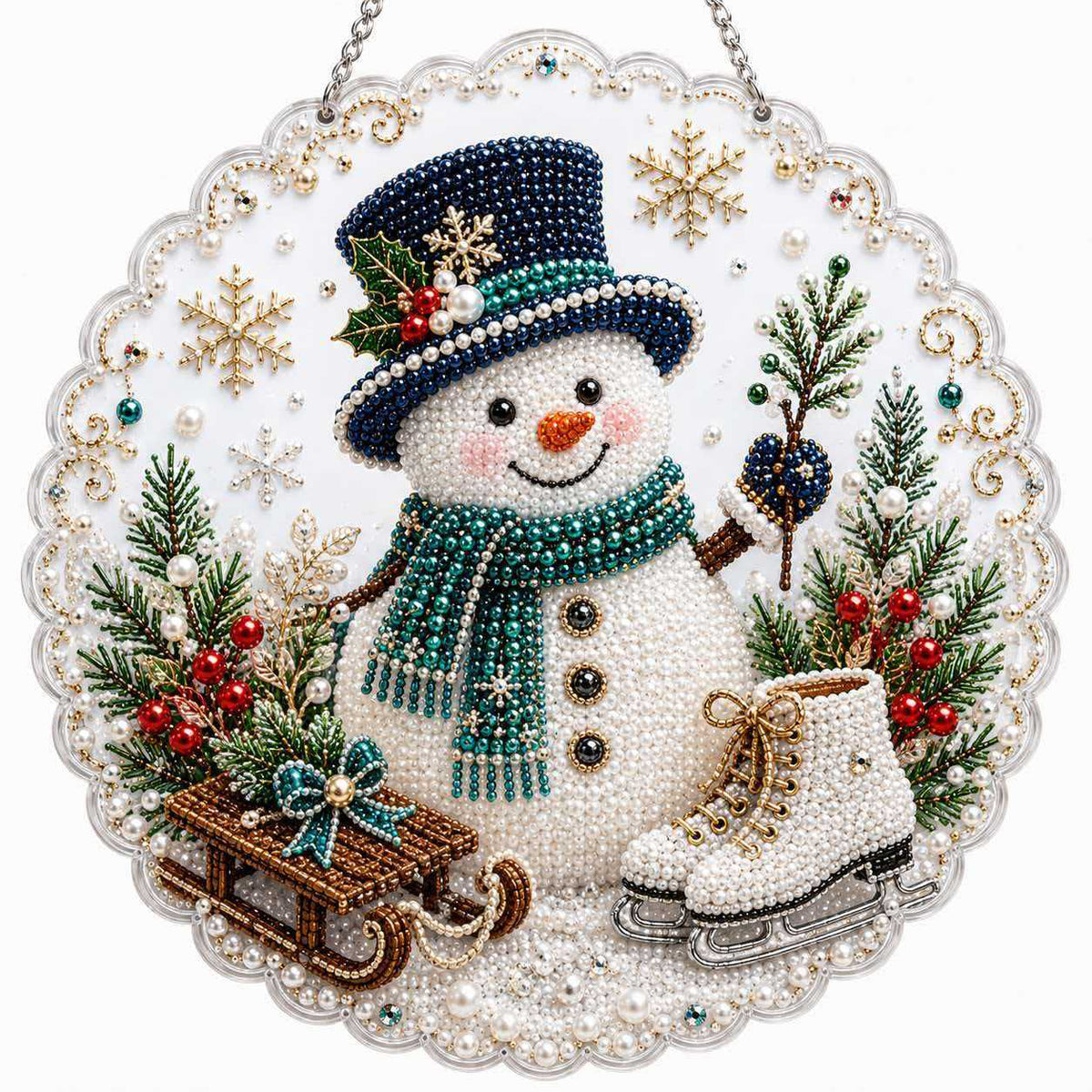 Finished 5D diamond painting hanging ornament with a scalloped clear edge