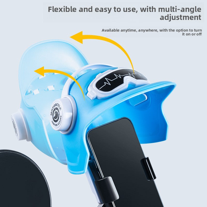 Blue small helmet visor over a phone on a holder, with arrows showing multi-angle adjustment