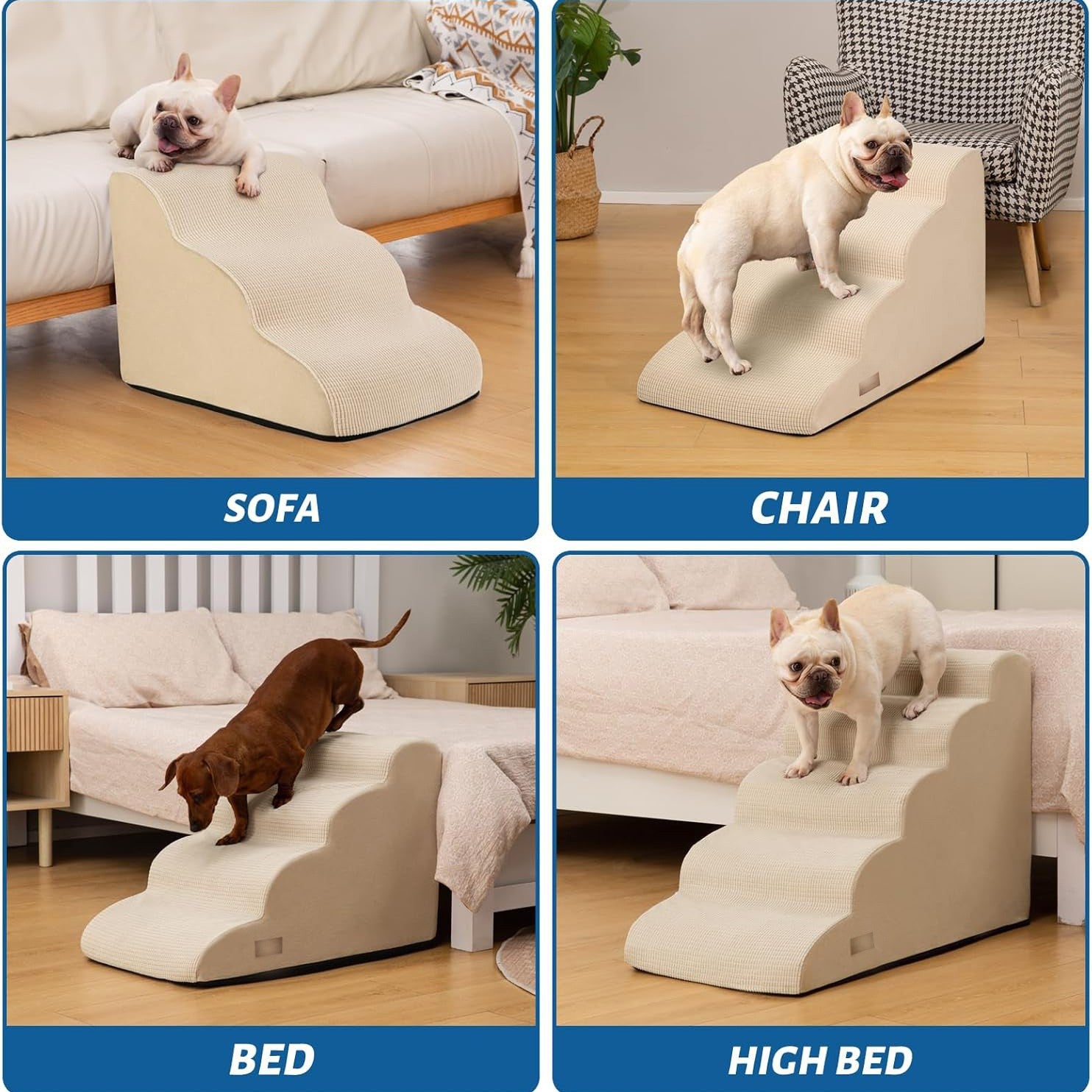 Ribbed fabric covered foam pet stairs in a solid colour, tiered steps for a pet to climb a tall bed