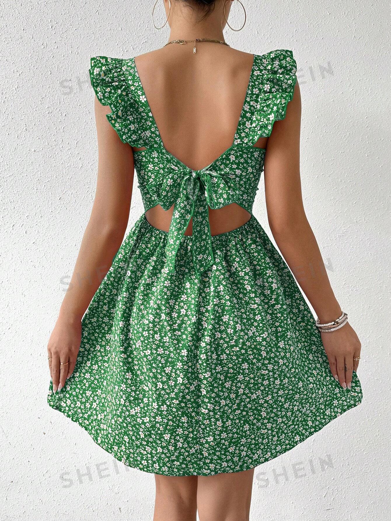 Floral square neck ruffle strap tie back mini dress shown flat, three quarter view