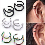 Non pierced ear cuffs in black, steel and rainbow with worn helix examples