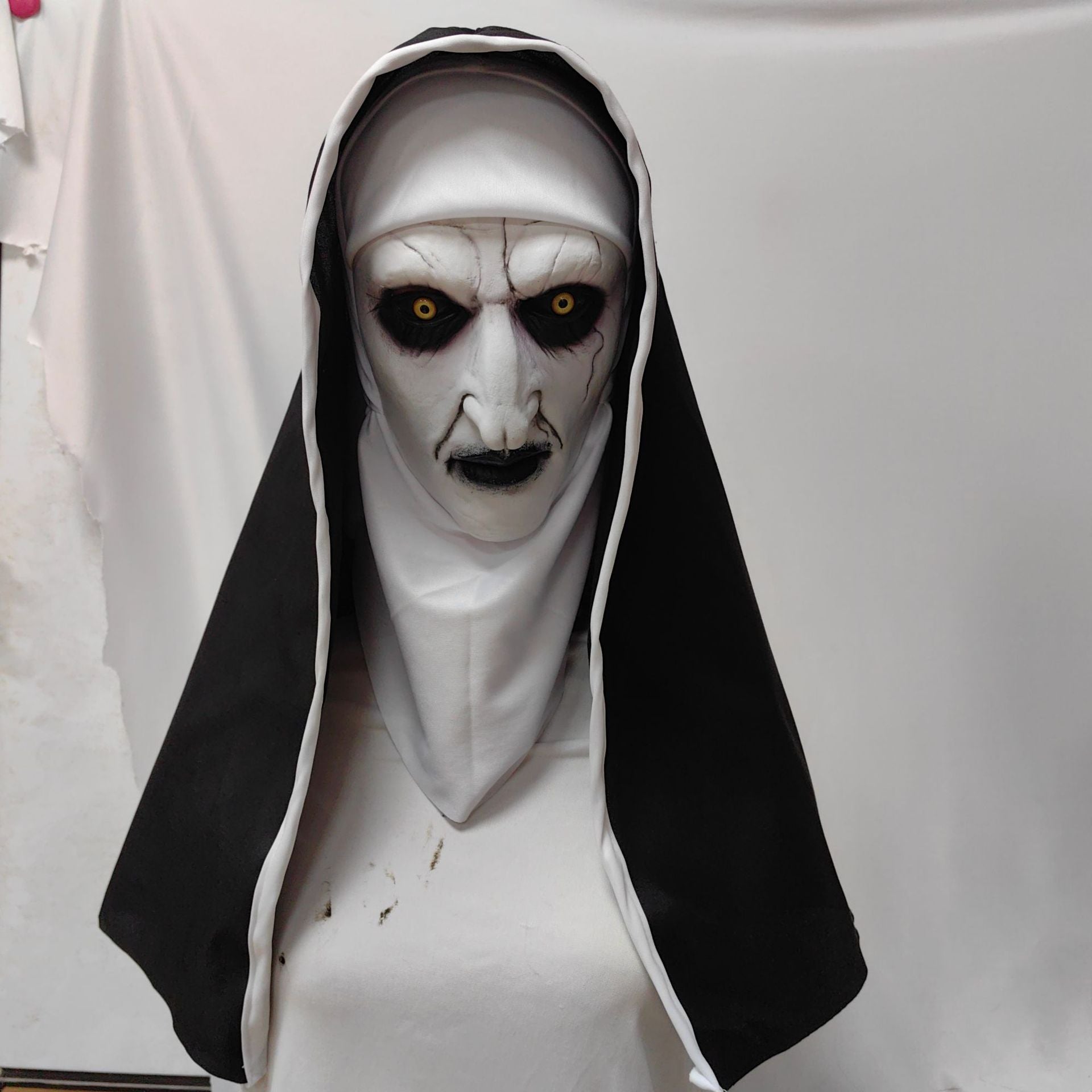 Full head horror nun latex mask with attached white and black head covering