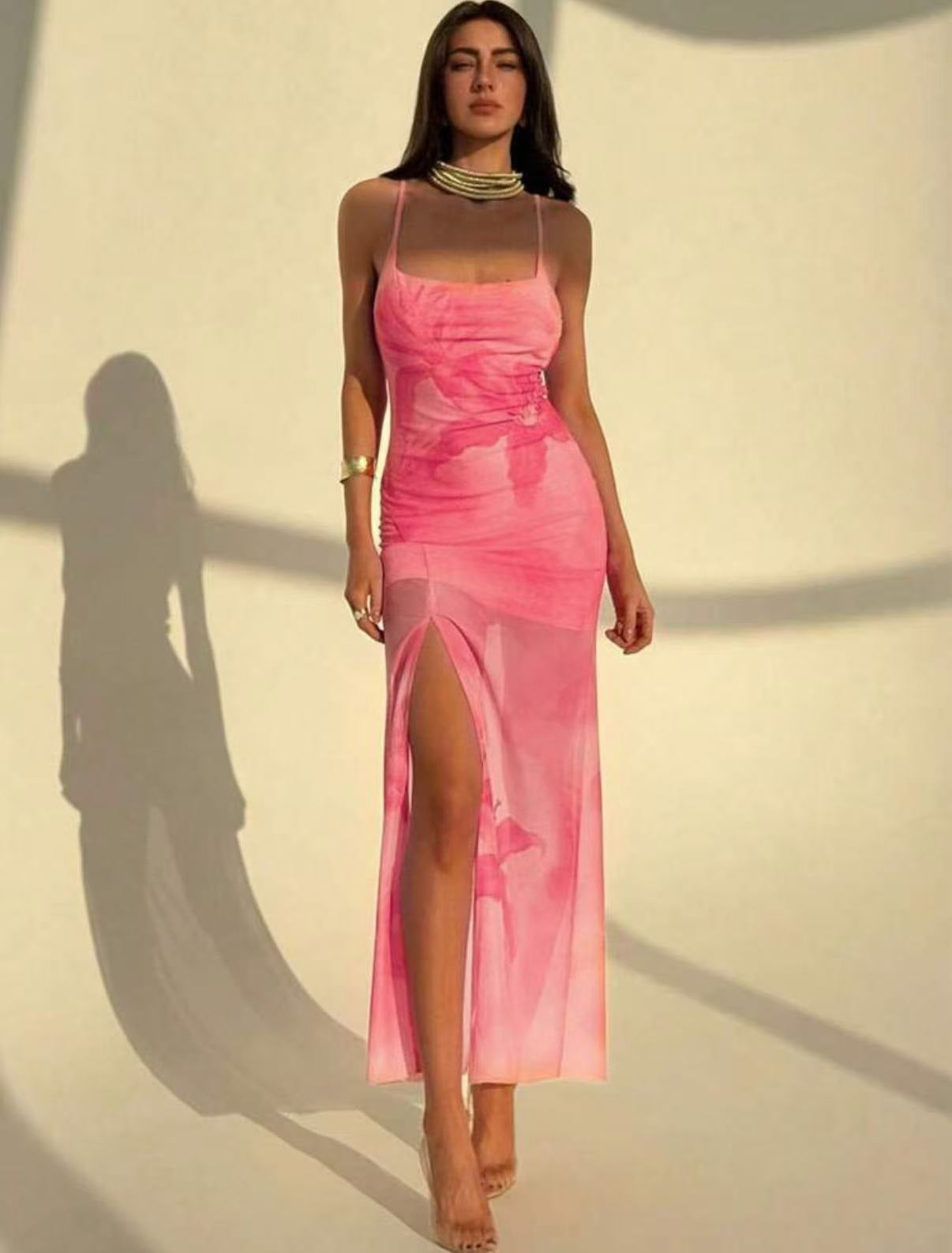 Pleated Print Tulle Slip Dress, floaty pleated tulle slip dress natural light