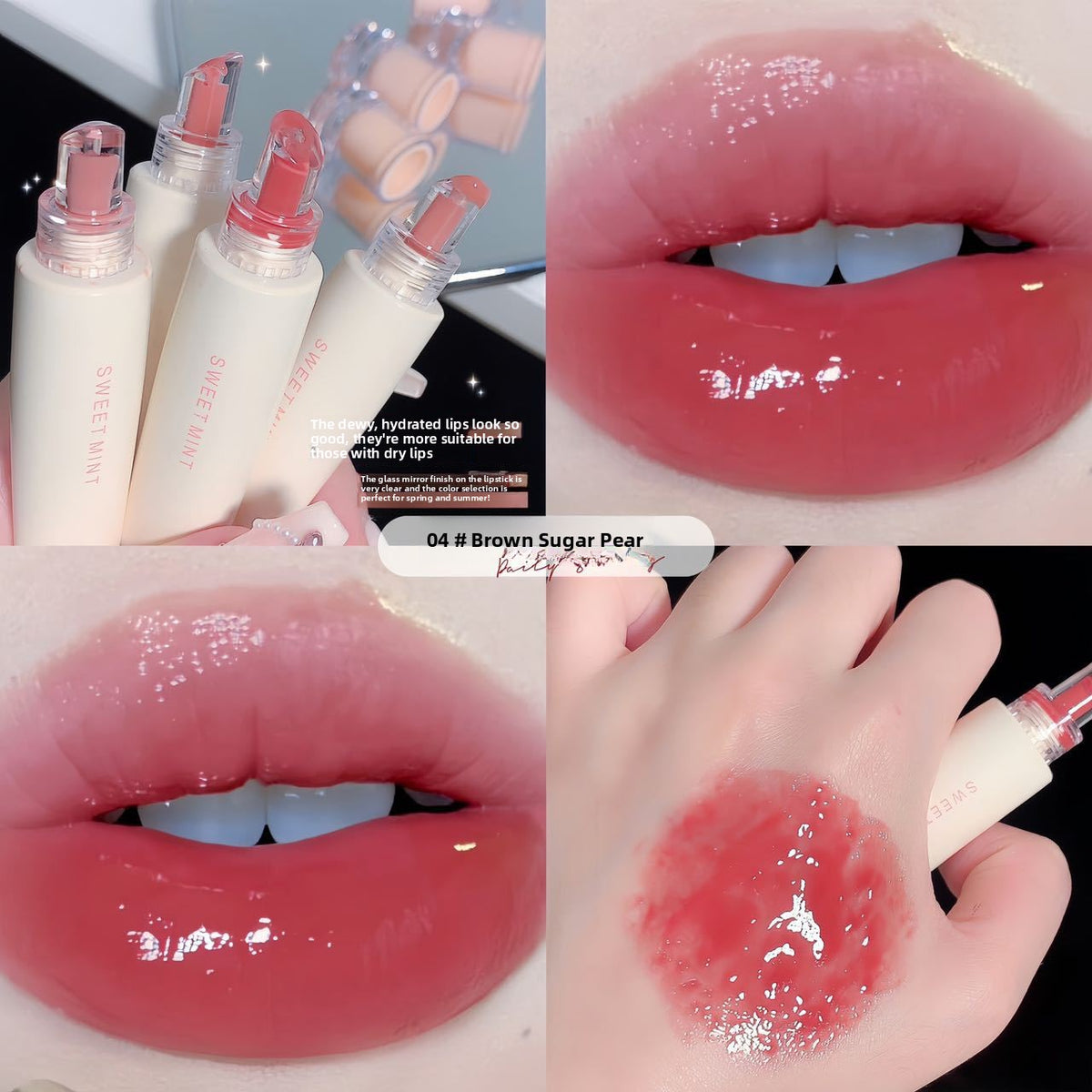 Cream lip glaze tube with a rounded applicator tip and a glass like mirror shine gloss