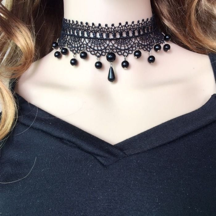 Lace band choker necklace with fine alloy chain swags and teardrop bead accents