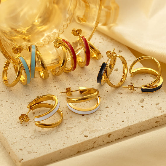 Gold Plated Enamel C-Shaped Hoop Earrings