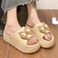 Womens platform slides, khaki bow platform slide, pair