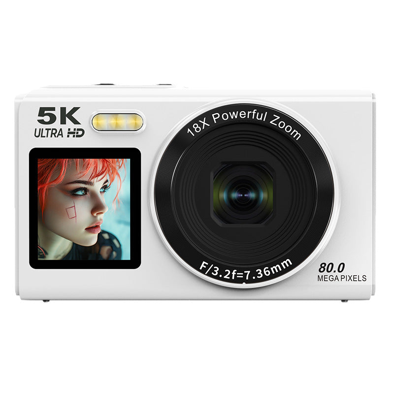 Front view of a white compact camera with a small screen, flash and an 18X Powerful Zoom lens ring