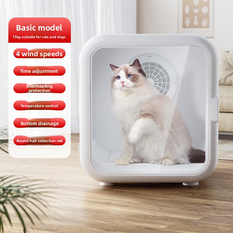 Cat seated in the Basic drying box marked for cats and dogs up to fifteen kilograms