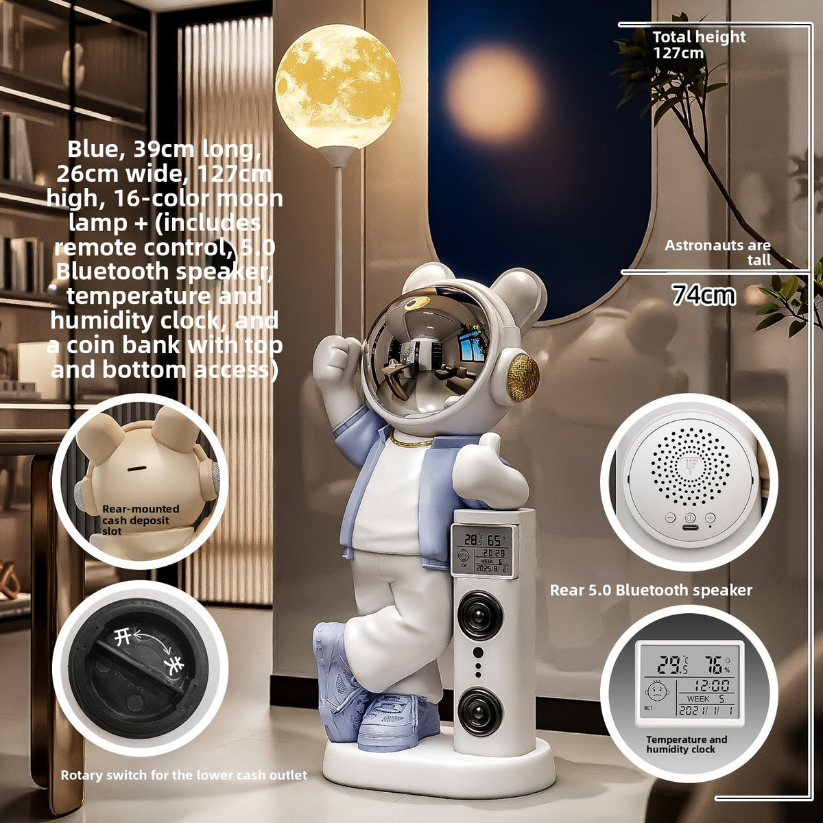 Blue astronaut bear statue with 16 color moon lamp, Bluetooth 5.0 speaker, temperature clock and coin bank callouts