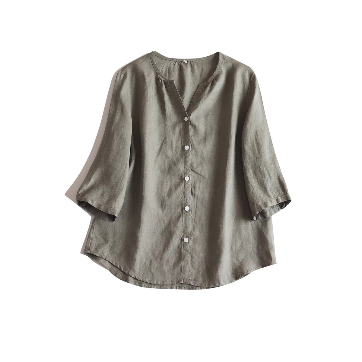 Sleeve and cuff detail of the washed linen V neck shirt