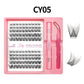 Lash cluster style CY05 in a 10 row tray with dual-ended glue pen, tweezers and a close-up of the cluster shape