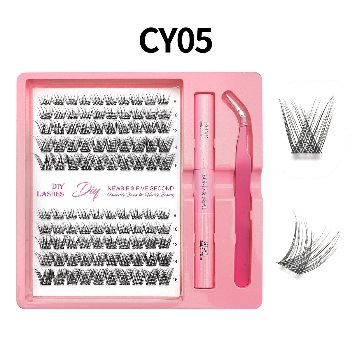 Lash cluster style CY05 in a 10 row tray with dual-ended glue pen, tweezers and a close-up of the cluster shape