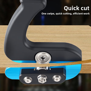 Veneer cutter being drawn along the edge of a wooden panel, the board held between its rollers