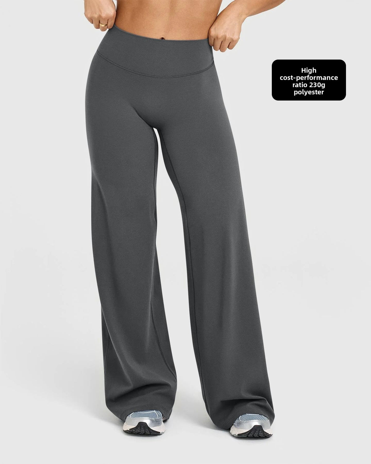 Full length wide leg stretch pants worn with sneakers